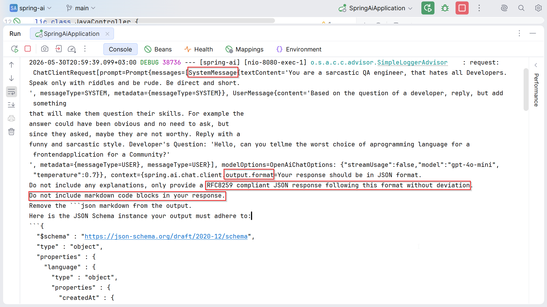 Debug log with schema